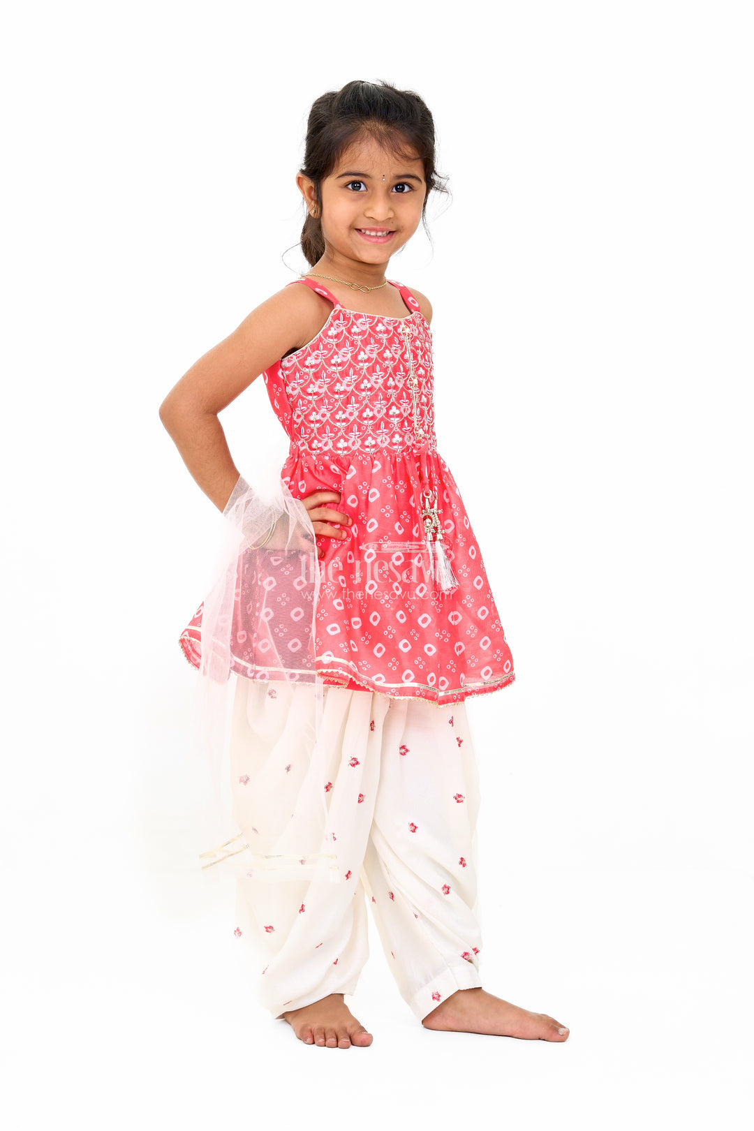Girls Red Chinon Silk Peplum and Dhoti Pants Set with Geometric Embroidery for Festive Wear