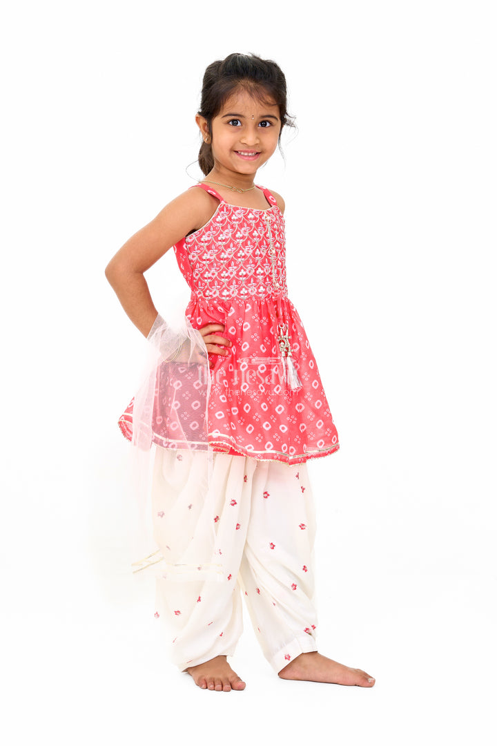 Girls Red Chinon Silk Peplum and Dhoti Pants Set with Geometric Embroidery for Festive Wear
