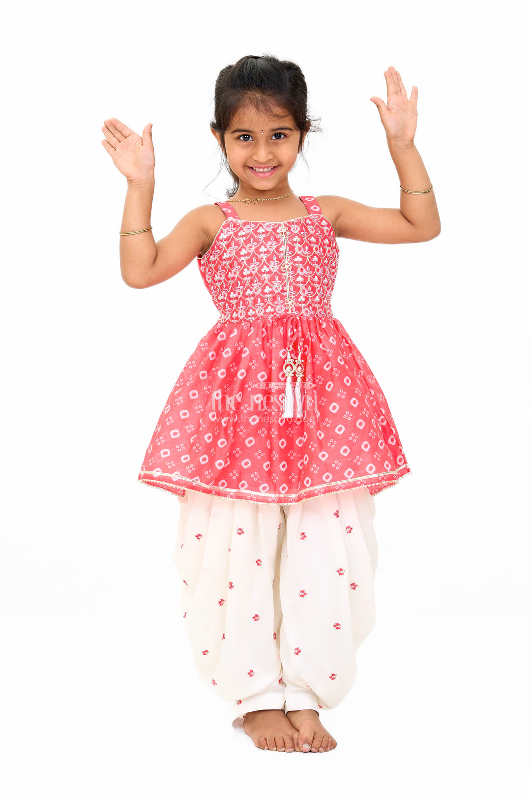 Girls Red Chinon Silk Peplum and Dhoti Pants Set with Geometric Embroidery for Festive Wear
