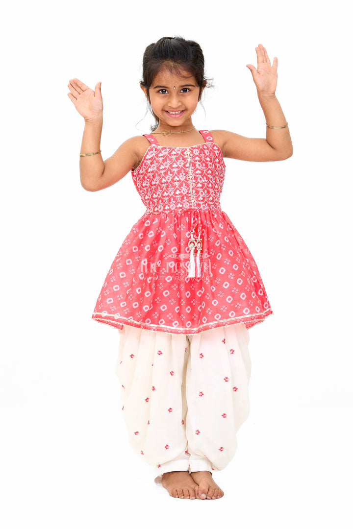 Girls Red Chinon Silk Peplum and Dhoti Pants Set with Geometric Embroidery for Festive Wear