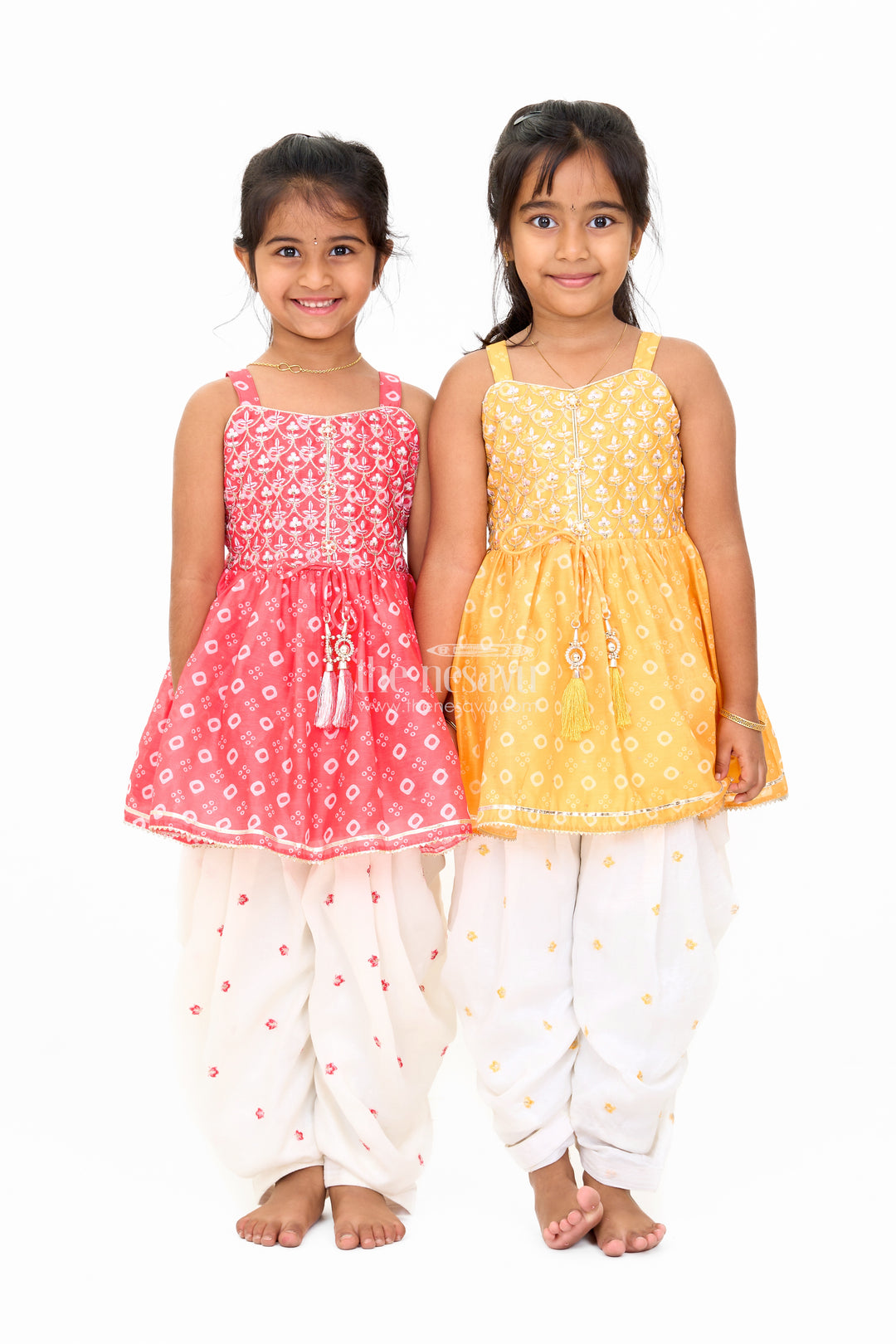 Girls Red Chinon Silk Peplum and Dhoti Pants Set with Geometric Embroidery for Festive Wear