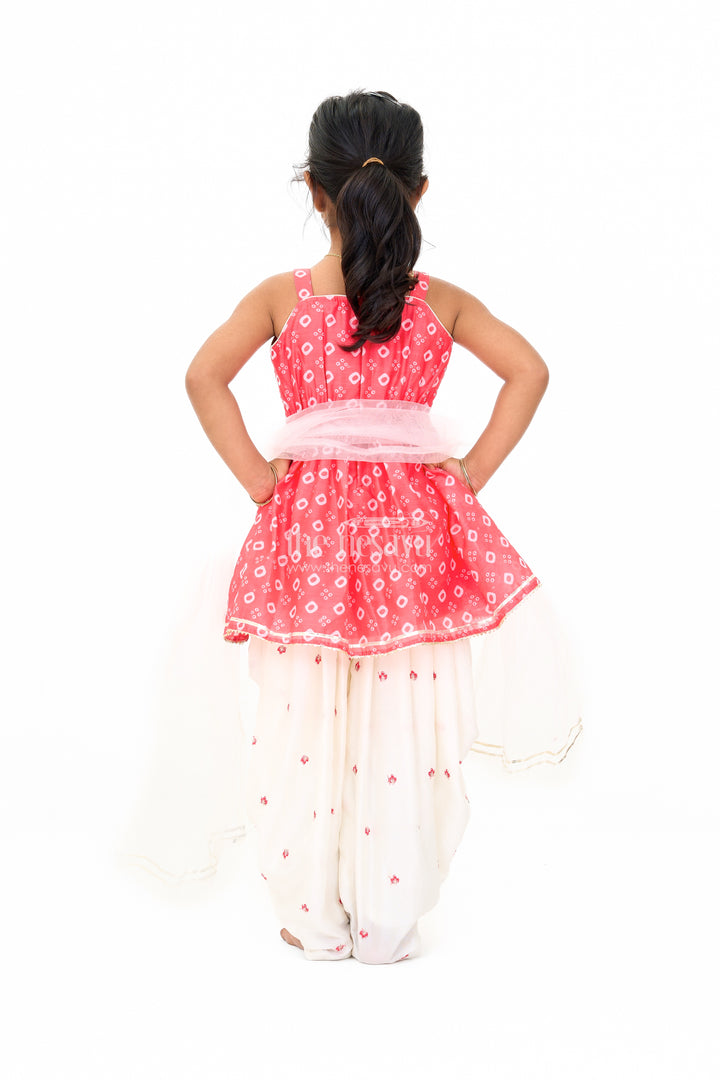 Girls Red Chinon Silk Peplum and Dhoti Pants Set with Geometric Embroidery for Festive Wear