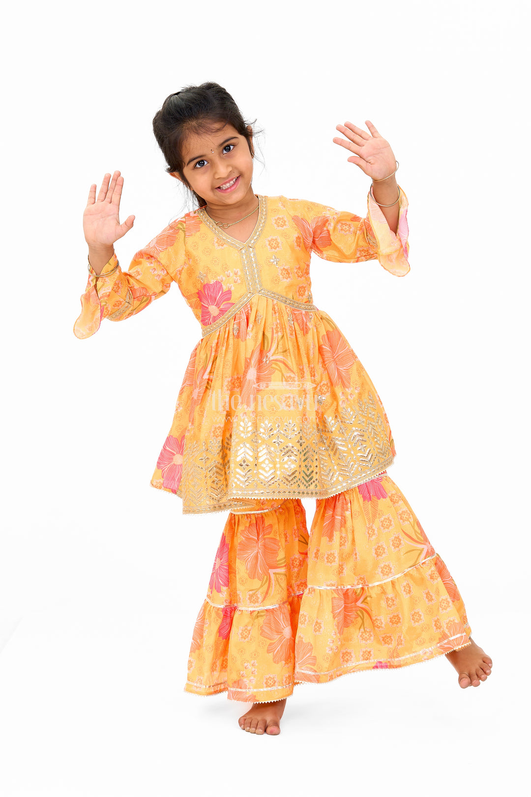 Girls Yellow Chinon Silk Sharara Set with Floral Print and Flared Sleeves for Festive Celebrations