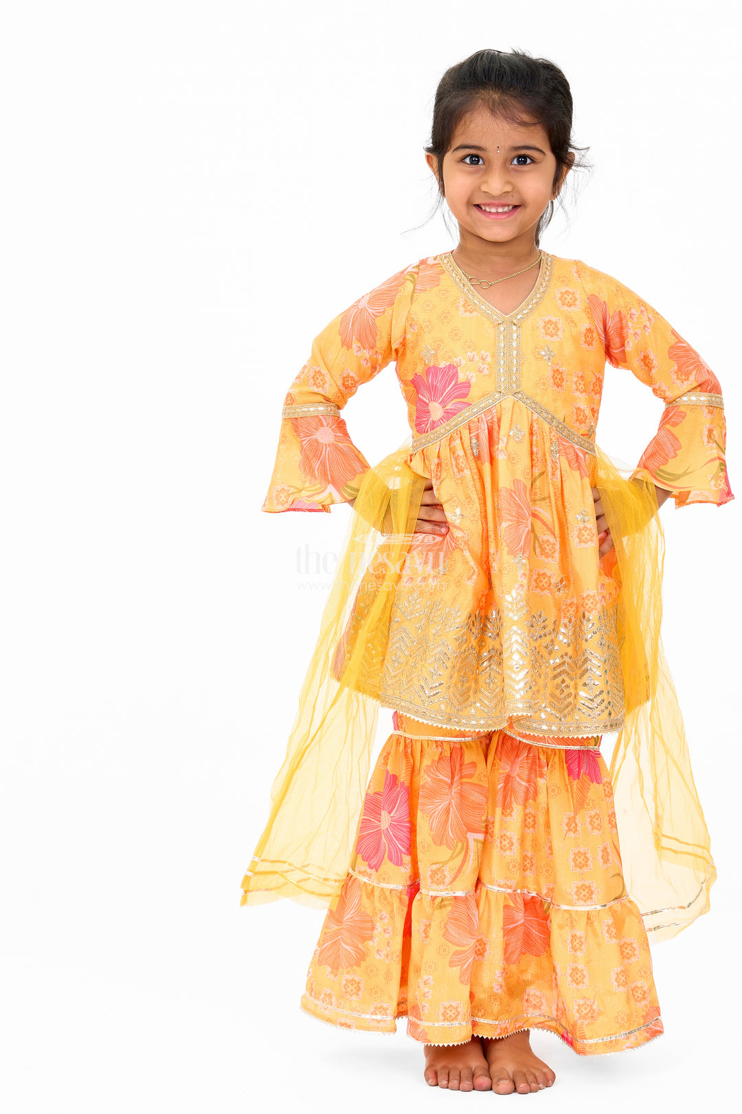 Girls Yellow Chinon Silk Sharara Set with Floral Print and Flared Sleeves for Festive Celebrations