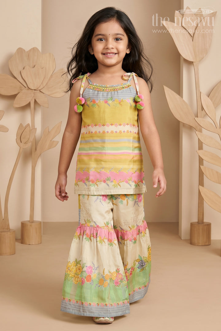 Girls Green Striped Sharara Set with Floral Embroidery and Ruffled Pants