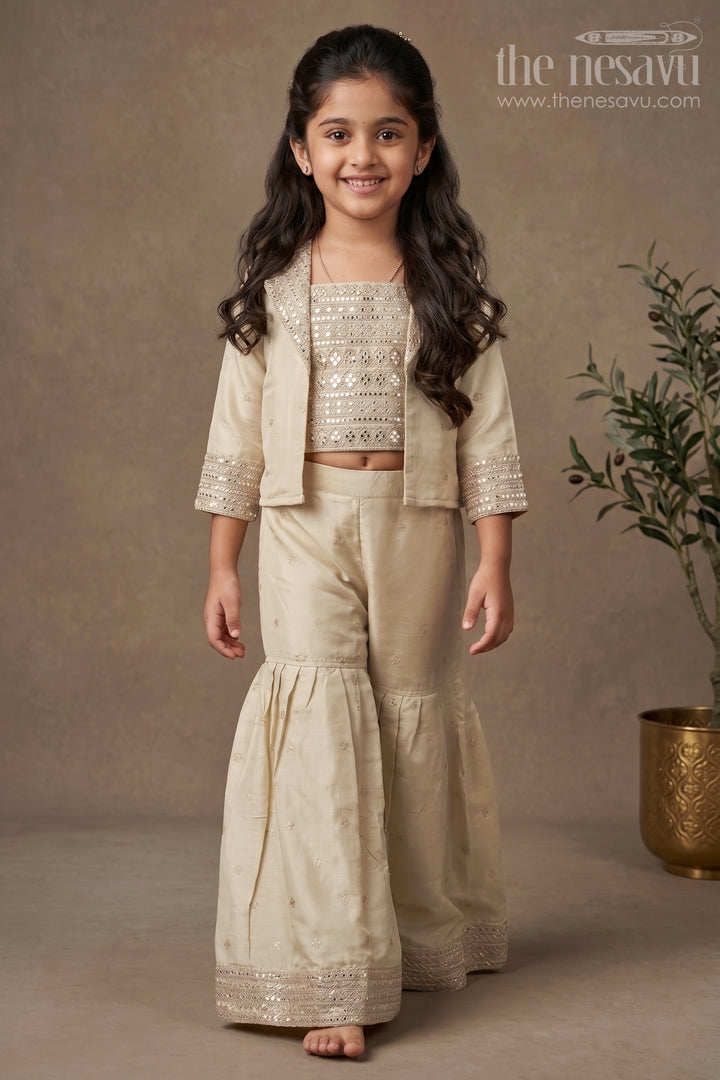 Gold Pure Tissue Sharara with Embroidered Jacket and 3/4 Sleeves for Girls Wedding Wear