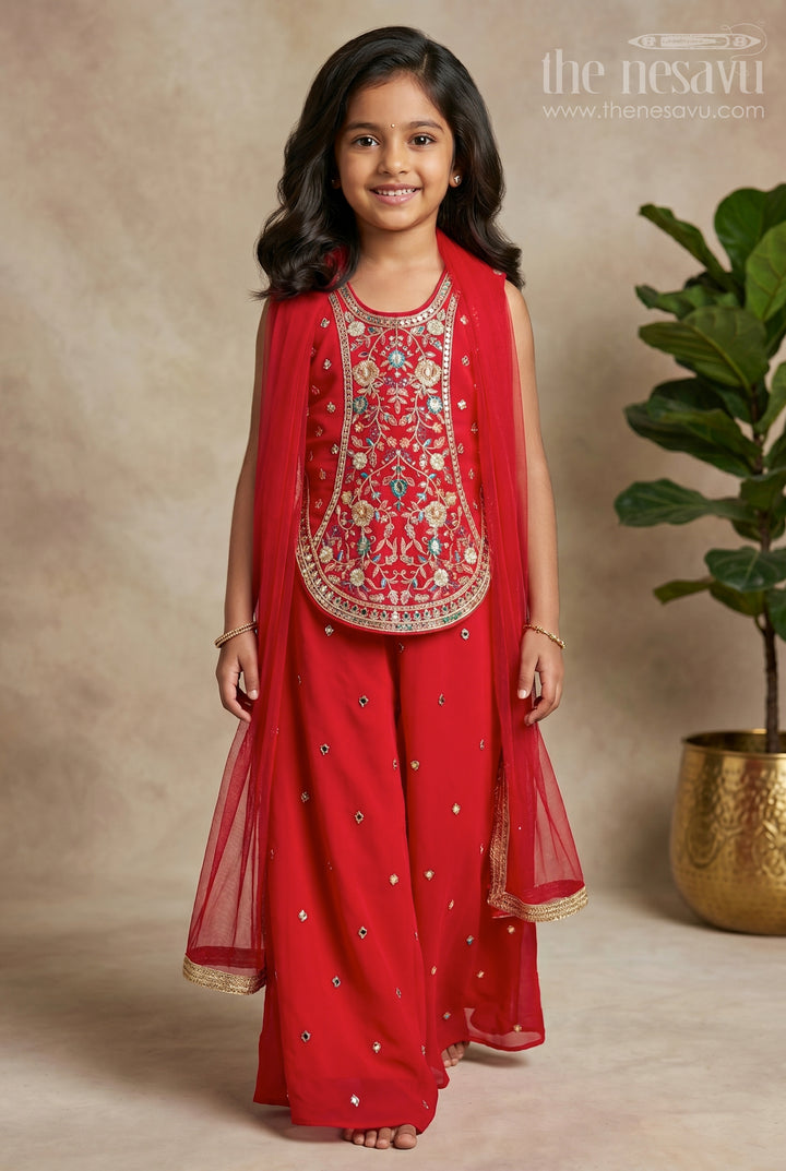 Maroon Sleeveless Girls Sharara Set with Gold Embroidery and Palazzo Pants for Festive Occasions