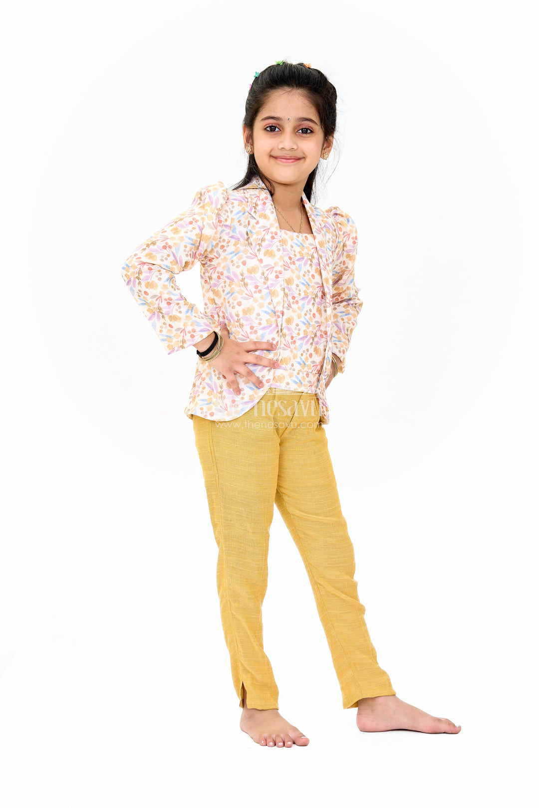 Girls Cotton Sharara Set with Festive Floral Blazer and Coordinated Pants for Parties