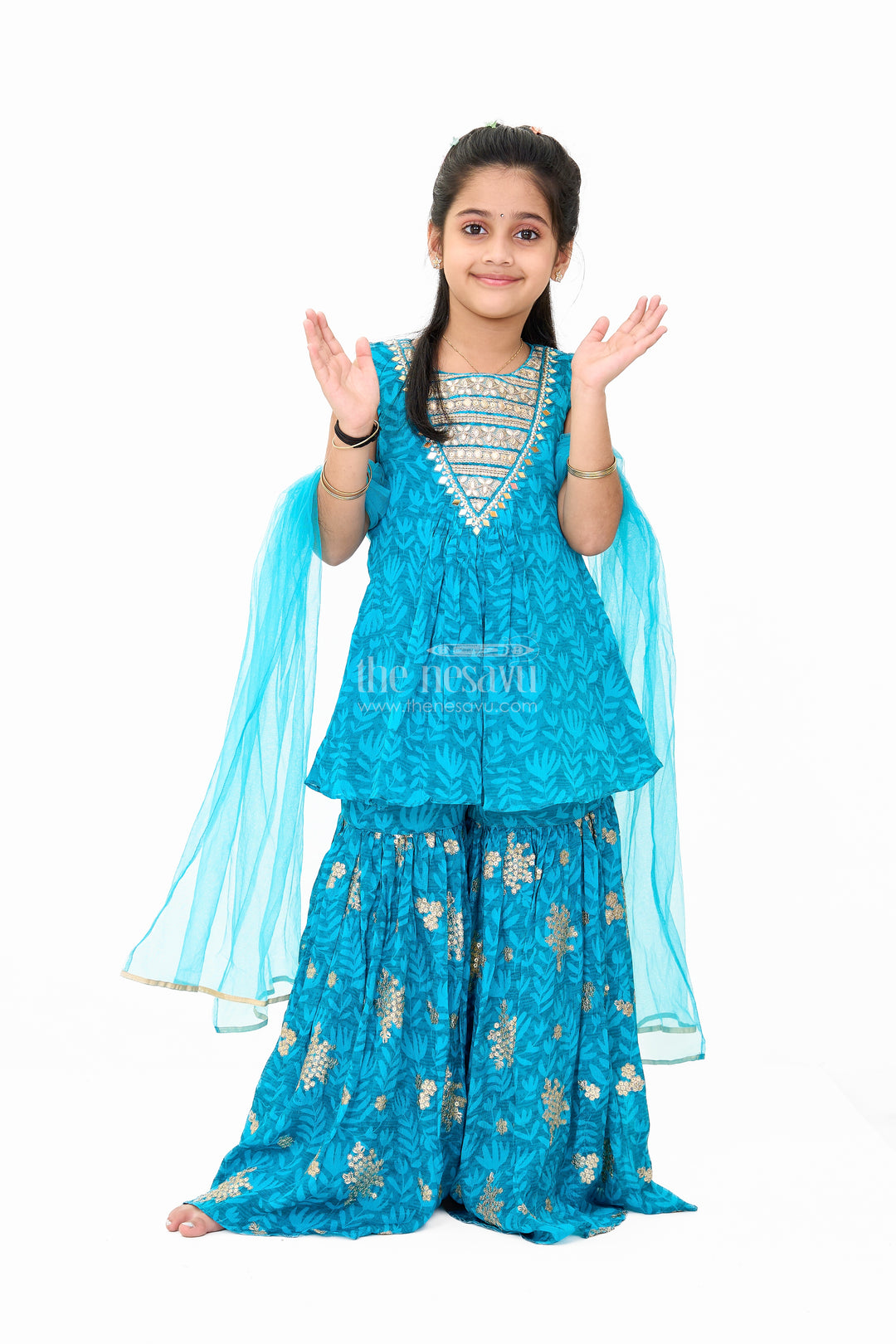 Infant Christmas Dress in Georgette with Sequined Top and Flared Sharara Bottoms