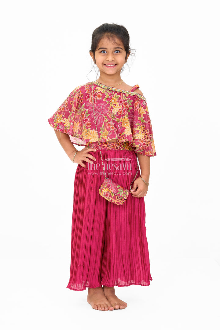 Girls Yellow Sharara Set in Georgette with Floral Printed Blouse