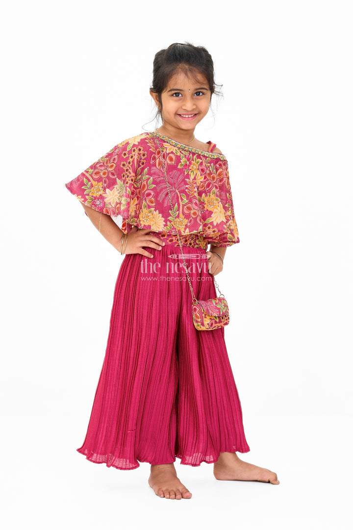Girls Yellow Sharara Set in Georgette with Floral Printed Blouse