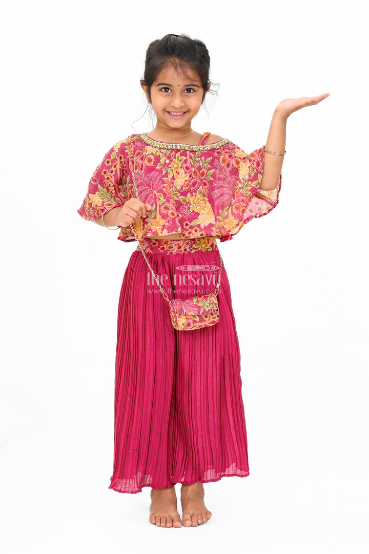 Girls Yellow Sharara Set in Georgette with Floral Printed Blouse