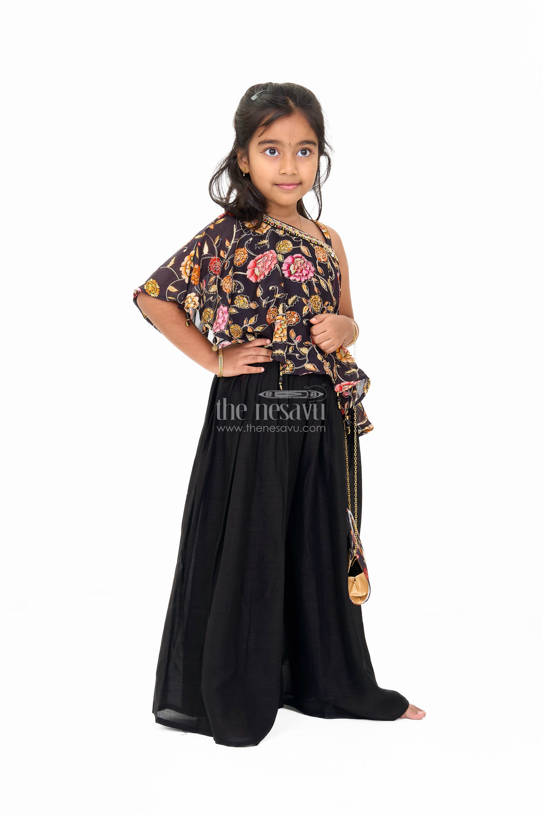 Girls Christmas Themed Dresses in Black Georgette with Floral Cape