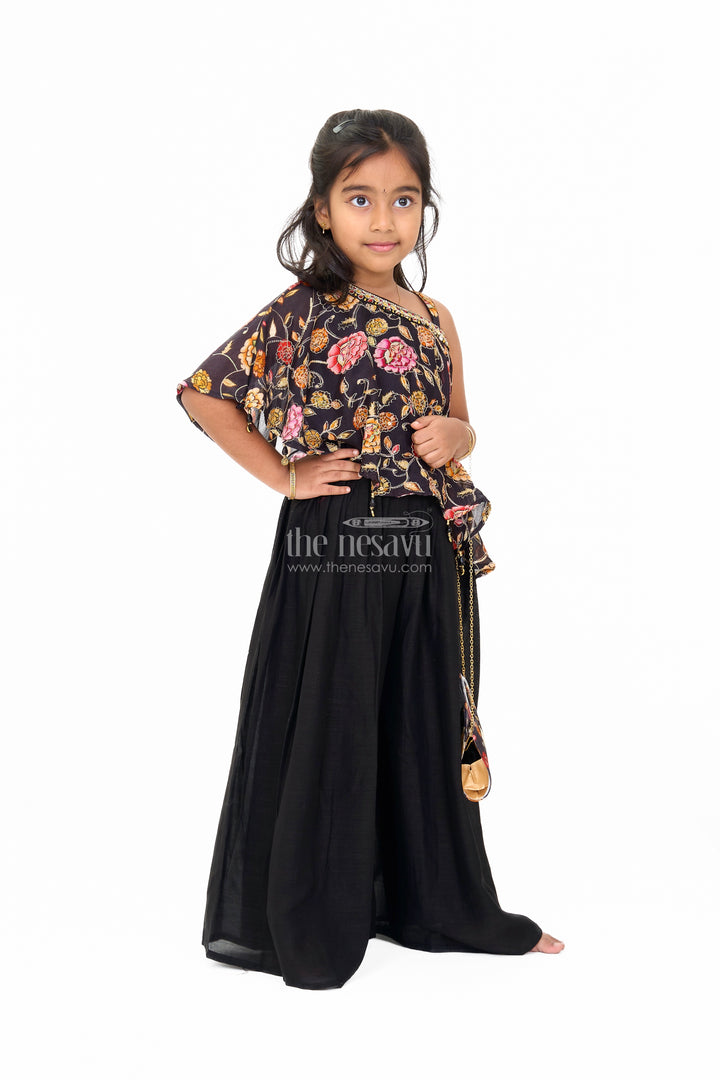 Girls Christmas Themed Dresses in Black Georgette with Floral Cape