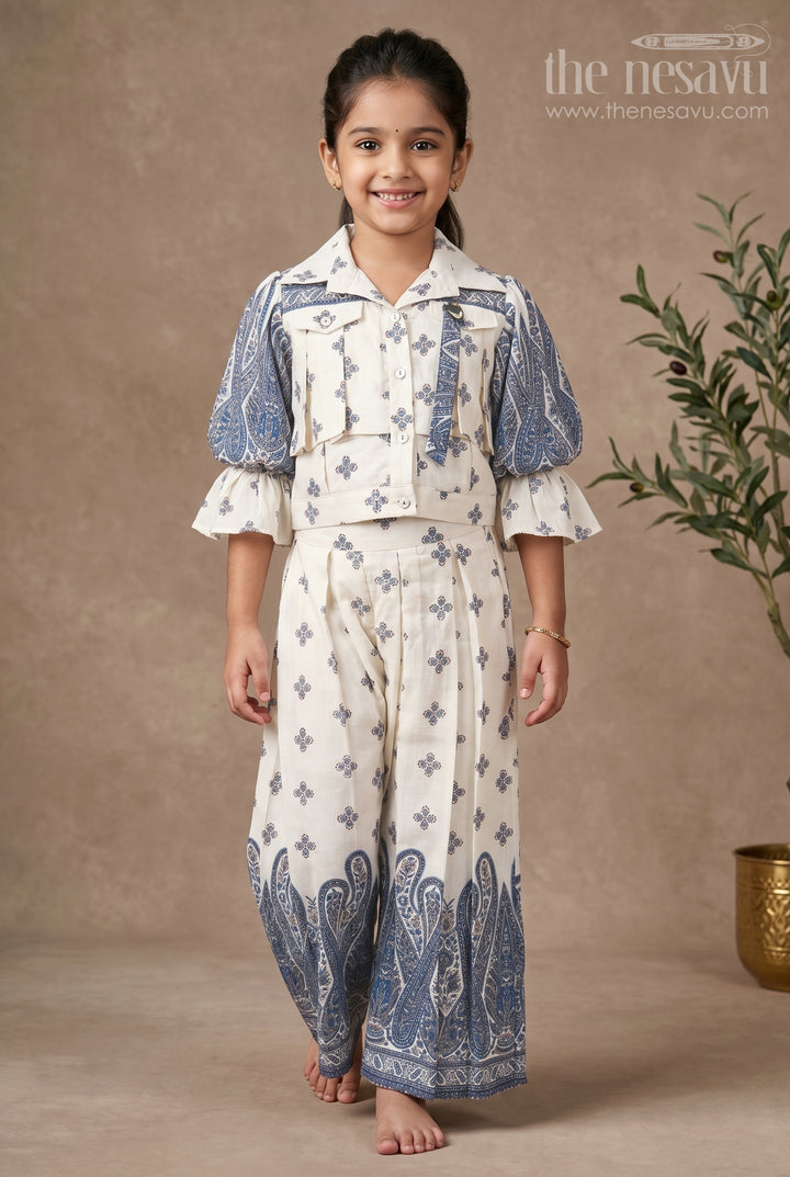 Girls Party Wear Casual Set in Cotton Blend with Blue Paisley Print and Puff Sleeves