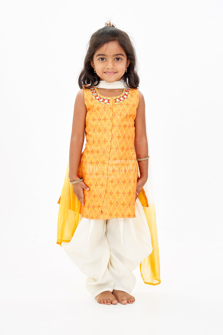 Girls Plazo and Top Set with Mirror Work Neckline and Ombre Dupatta in Yellow and Cream
