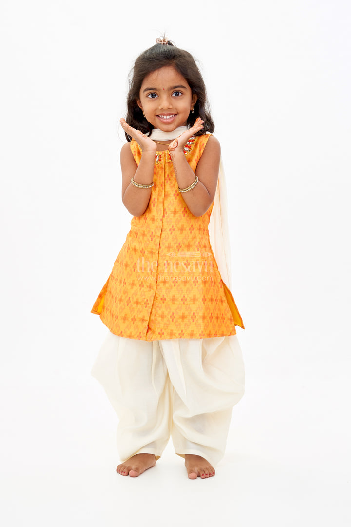 Girls Plazo and Top Set with Mirror Work Neckline and Ombre Dupatta in Yellow and Cream