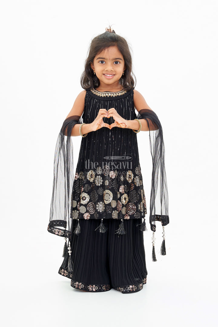 Girls Black Kurti with Plazo Featuring Gold Embroidery and Tassel Details
