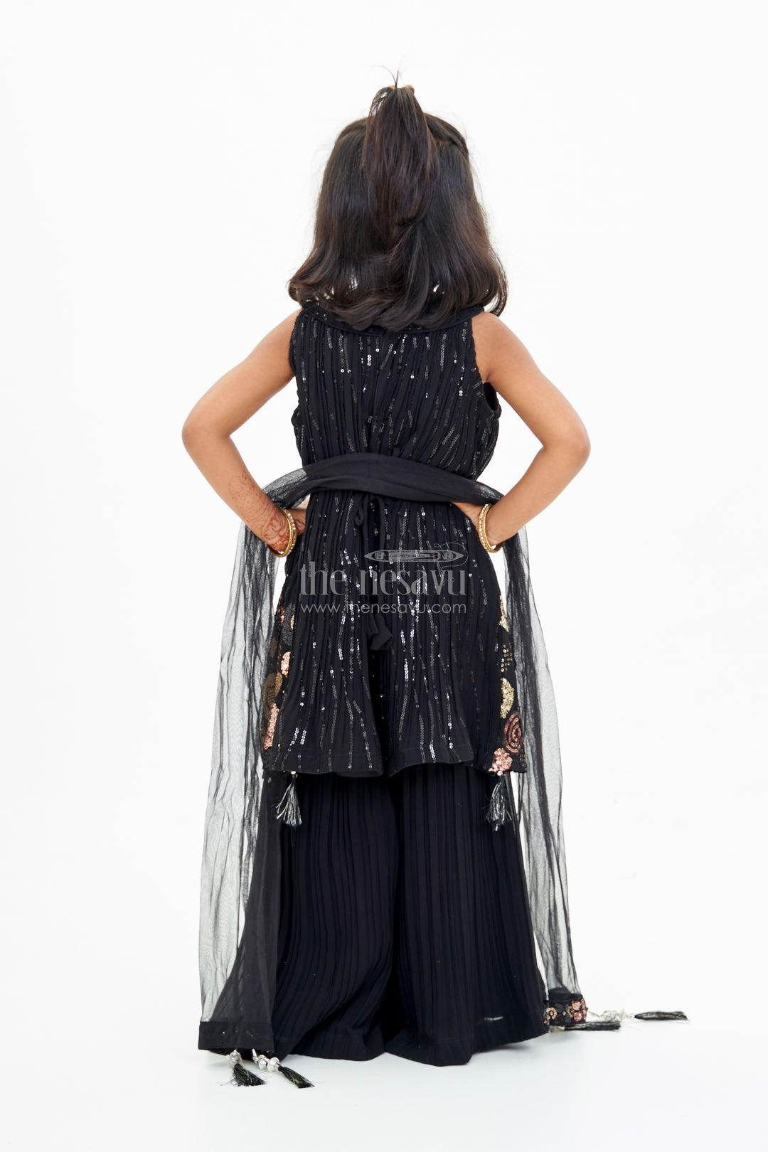 Girls Black Kurti with Plazo Featuring Gold Embroidery and Tassel Details