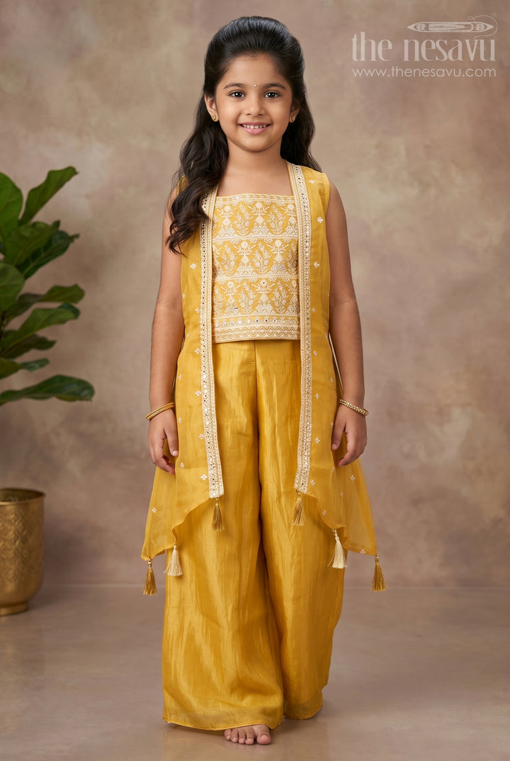 Girls Mustard Palazzo Pants with Embroidered Crop Top and Long Jacket for Festive Wear