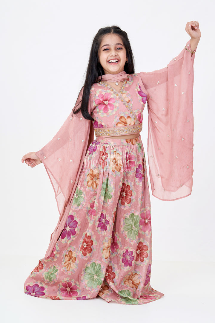 Girls Floral Plazo and Top Set with Organza Sleeves and Embroidered Details