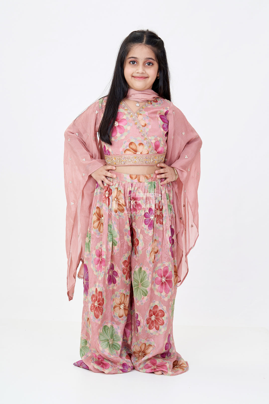 Girls Floral Plazo and Top Set with Organza Sleeves and Embroidered Details