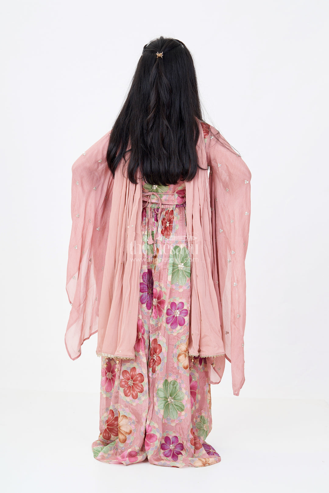 Girls Floral Plazo and Top Set with Organza Sleeves and Embroidered Details