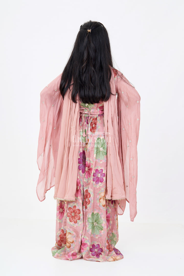 Girls Floral Plazo and Top Set with Organza Sleeves and Embroidered Details