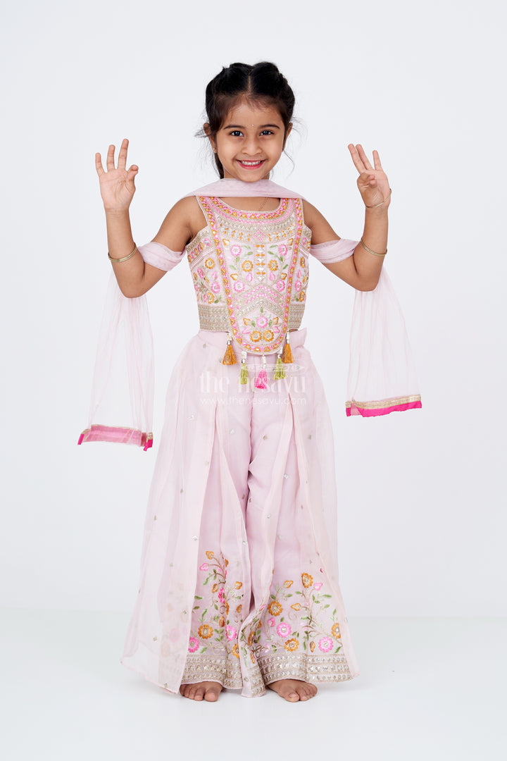 Girls Embroidered Plazo with Crop Top for Wedding in Pastel Pink with Tassel Detailing