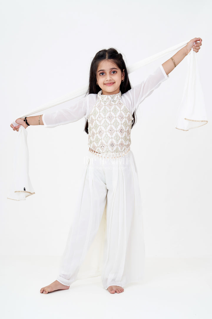Girls Short Sharara Set in White with Embroidered Halter Neck and Layered Pants