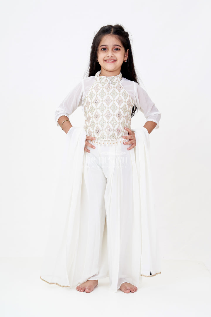 Girls Short Sharara Set in White with Embroidered Halter Neck and Layered Pants