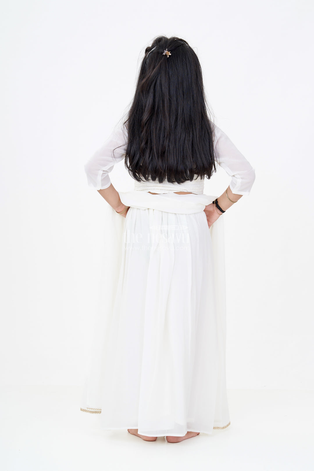 Girls Short Sharara Set in White with Embroidered Halter Neck and Layered Pants