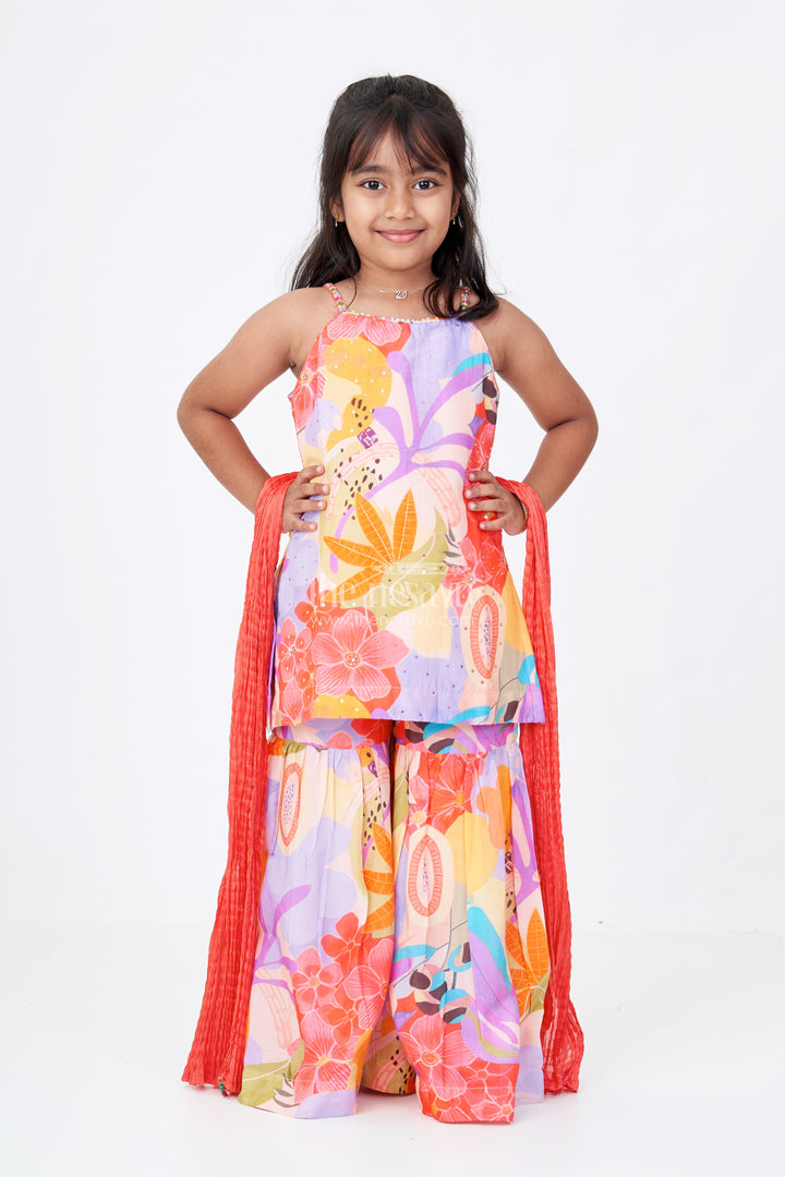 Girls Pure Muslin Silk Digital Printed Kurti with Sharara Set for Festive and Ethnic Wear