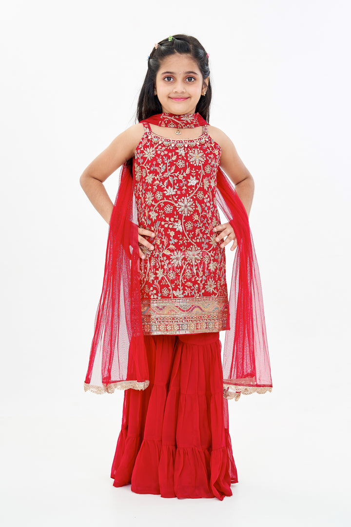 Girls Red Plazo Set with Embroidered Top and Flowy Georgette Bottoms for Festive Wear