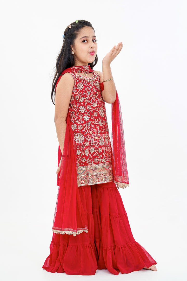 Girls Red Plazo Set with Embroidered Top and Flowy Georgette Bottoms for Festive Wear