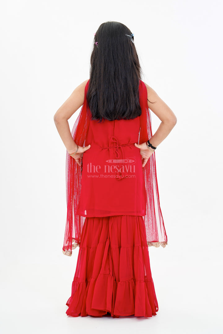Girls Red Plazo Set with Embroidered Top and Flowy Georgette Bottoms for Festive Wear