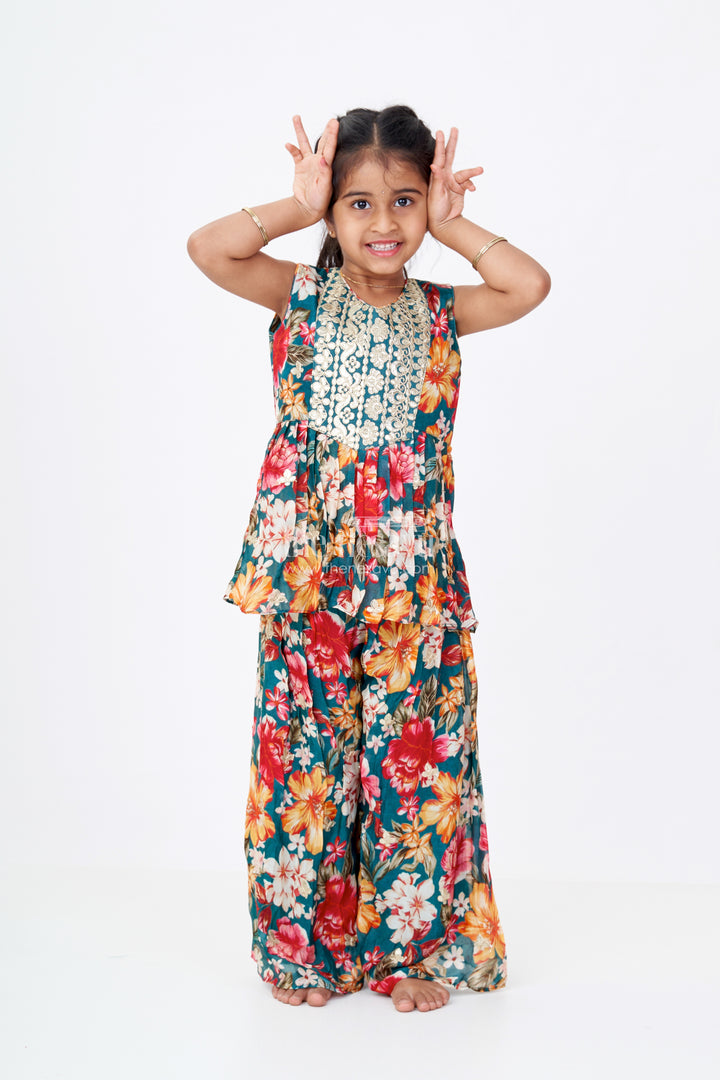 Girls Sharara Plazo Set in Floral Georgette with Foil Embroidery and Dupatta
