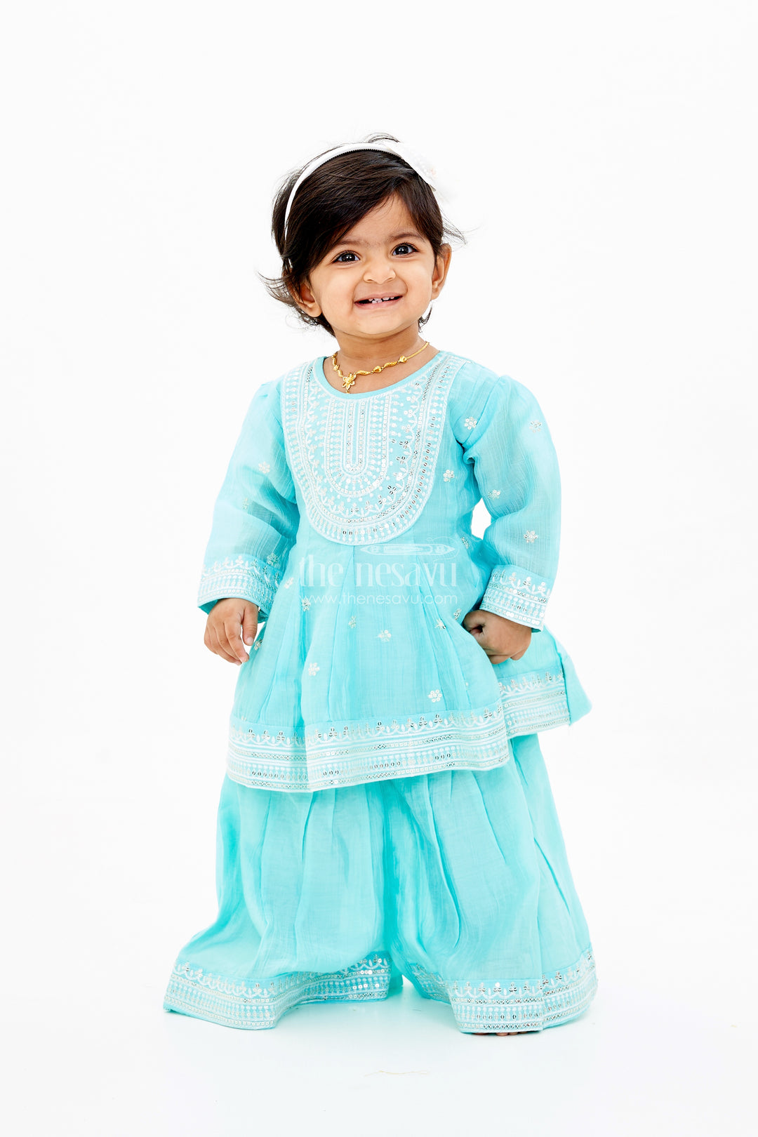 Girls Green Sharara Set in Pure Cotton with Embroidered Kurti and Elegant Silver Borders