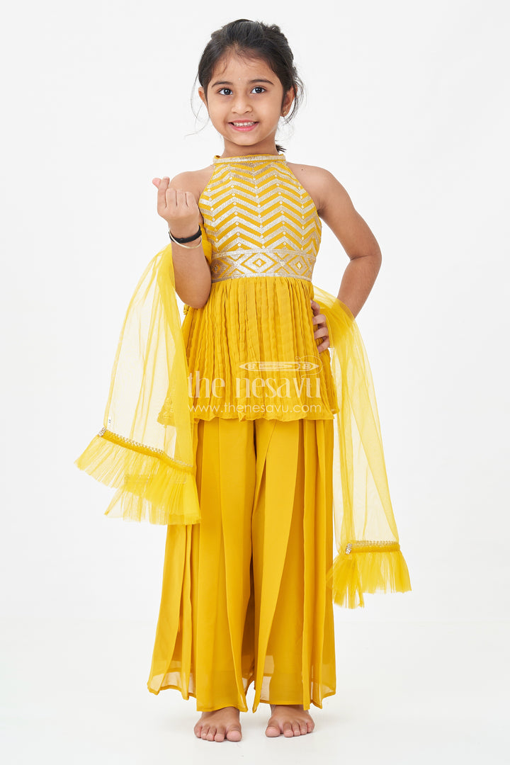 Girls Mustard Dress with Sharara in Georgette Featuring Ruffle Hem and Shimmering Chevron Design