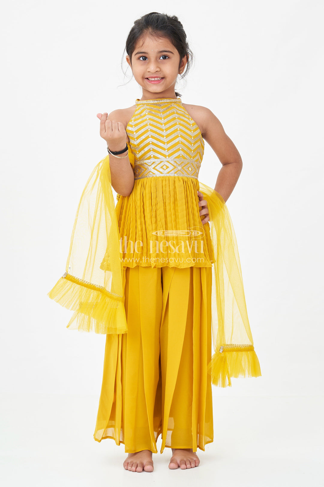 Girls Mustard Dress with Sharara in Georgette Featuring Ruffle Hem and Shimmering Chevron Design