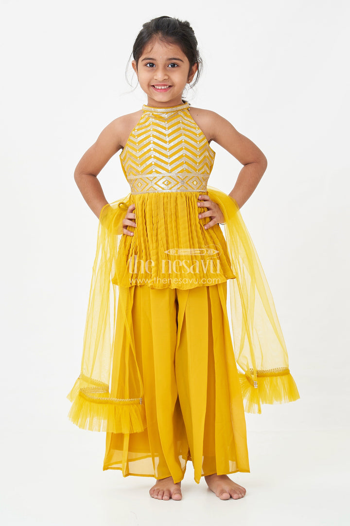 Girls Mustard Dress with Sharara in Georgette Featuring Ruffle Hem and Shimmering Chevron Design