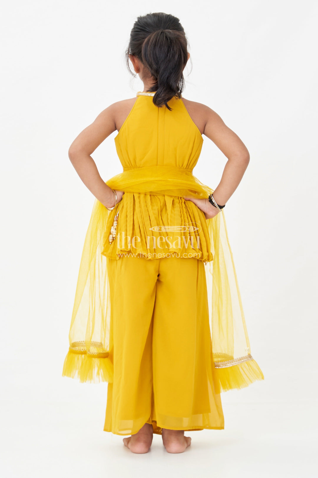 Girls Mustard Dress with Sharara in Georgette Featuring Ruffle Hem and Shimmering Chevron Design