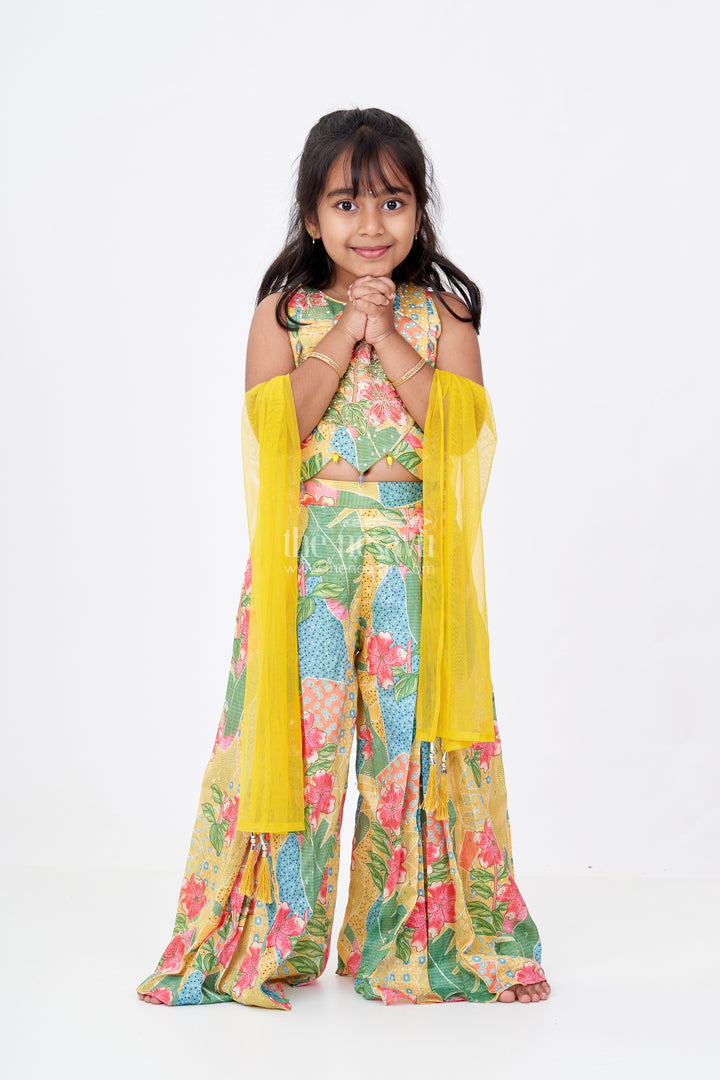 Girls Choli Plazo Suit with Floral Digital Print and Embellished Blouse for a Festive Look