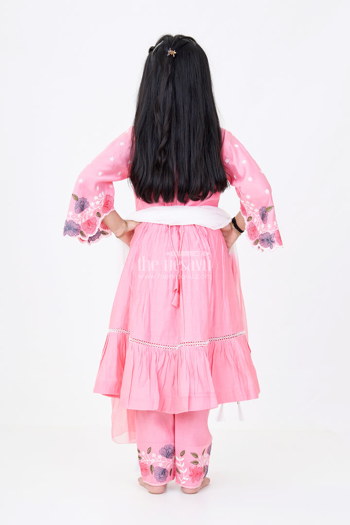 Girls Churidar Plazo Set with Floral Embroidery and Flowy Dupatta for a Graceful Ethnic Look