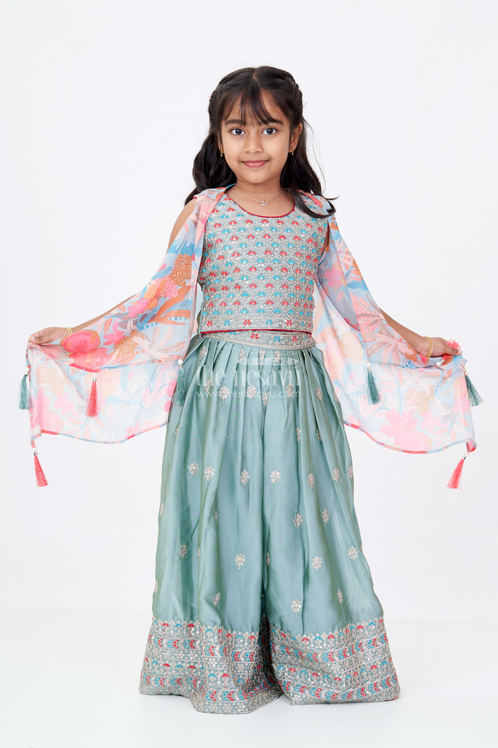 Girls Shrug Plazo Set with Embroidered Georgette and Digital Printed Jacket for Stylish Festive Wear