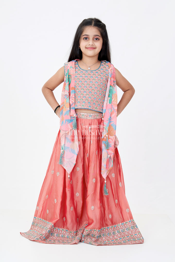 Girls Plazo and Shrug Set with Embroidered Georgette and Digital Printed Jacket for Festive Wear