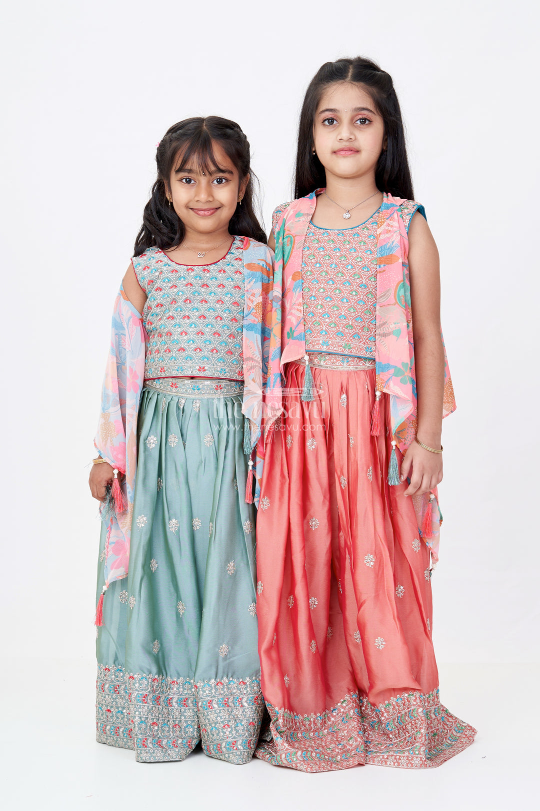 Girls Plazo and Shrug Set with Embroidered Georgette and Digital Printed Jacket for Festive Wear
