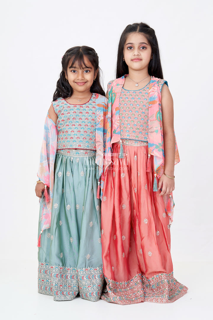 Girls Plazo and Shrug Set with Embroidered Georgette and Digital Printed Jacket for Festive Wear