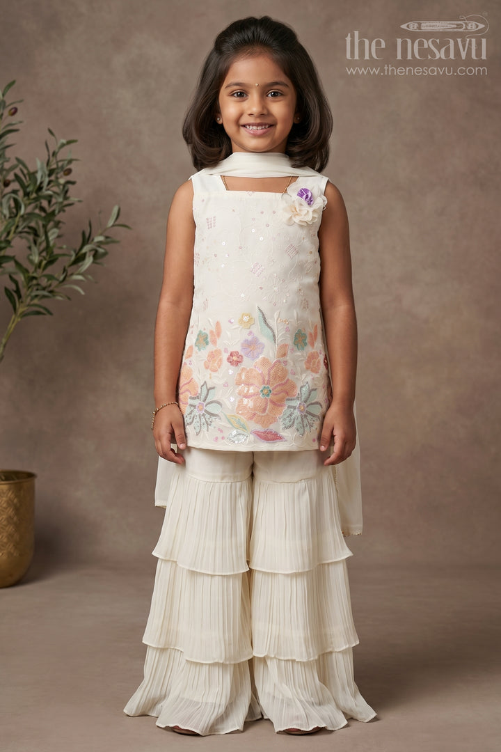 Girls Off White Sharara with Floral Embroidered Top and Layered Ruffle Pants