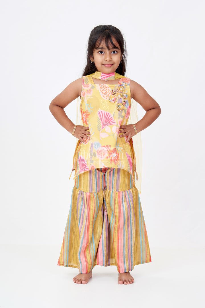 Girls Mustard Yellow Sharara with Floral Printed Top and Striped Flared Pants